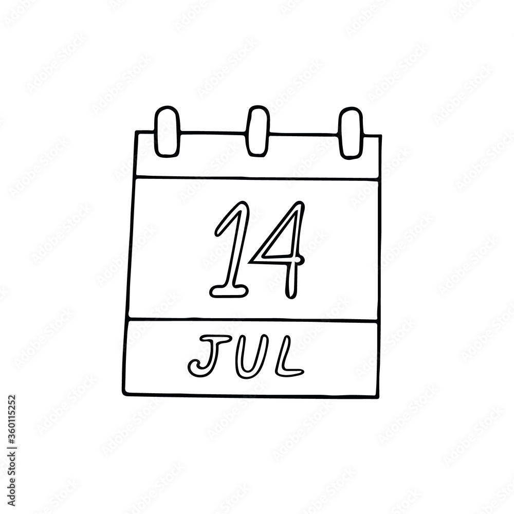 calendar hand drawn in doodle style. July 14. Day, date. icon, sticker, element, design. planning, business holiday calendar hand drawn in doodle style. July 14. Day, date. icon, sticker, element, design. planning, business holiday