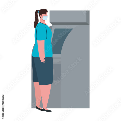 social distancing and coronavirus covid 19 prevention, woman wearing medical mask, using atm