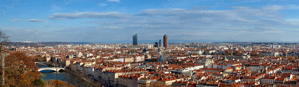 Naklejka premium Lyon, France - aerial view of the city wide autumn panorama