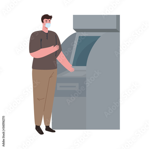 social distancing and coronavirus covid 19 prevention, man wearing medical mask, using atm