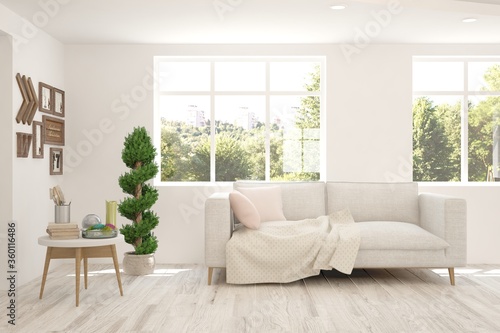 Wallpaper Mural White living room with sofa and summer landscape in window. Scandinavian interior design. 3D illustration Torontodigital.ca