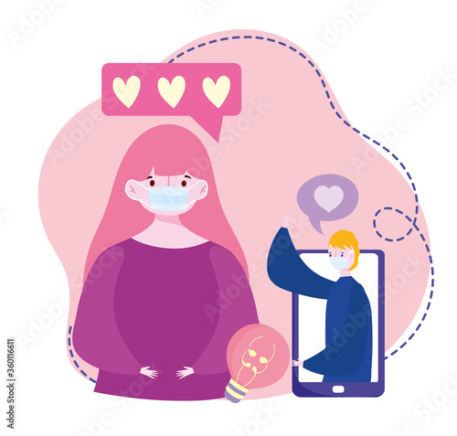young couple with medical mask smartphone chatting using internet