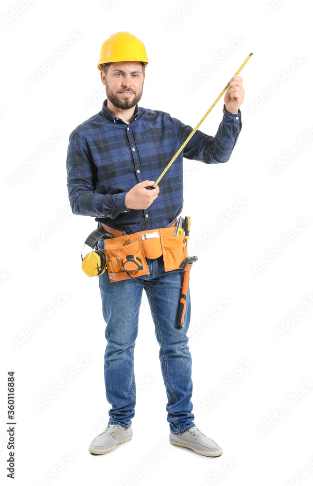 Male worker with tape measure on white background Male worker with tape measure on white background