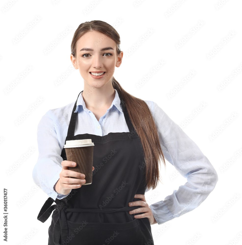 Young female barista on white background Young female barista on white background
