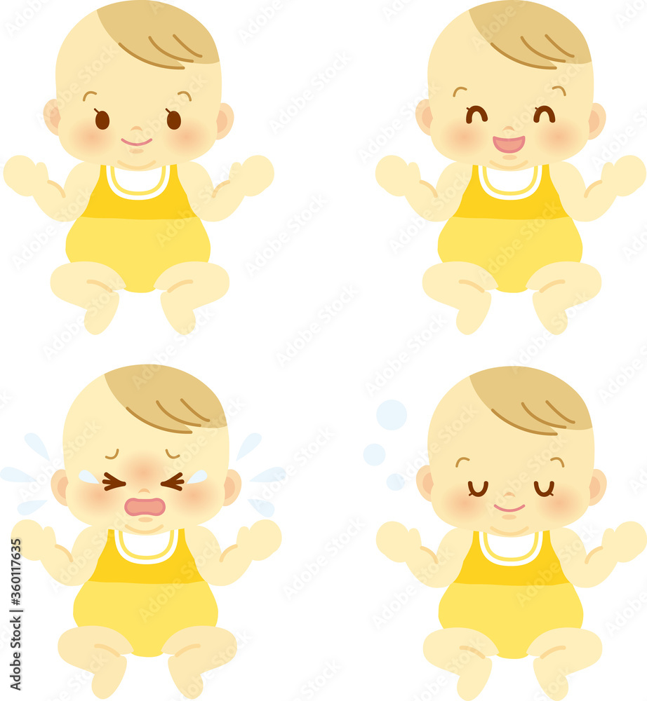 ベビー服を着た日常的な表情の赤ちゃんセット　ベビー全身イラスト05

