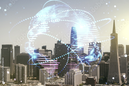 Abstract graphic digital world map hologram with connections on San Francisco cityscape background, globalization concept. Multiexposure