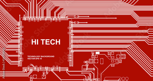 Abstract high tech background with a red circuit board texture. Vector technological Illustration.