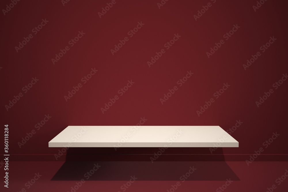 Front view of empty shelf on pink wall background with modern minimal concept. Display of backdrop shelves for showing. Realistic 3D render.