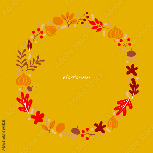 Flat oak leaves , flower; fern,nut and berry frame vector on yellow background for decoration on autumn season festival and Thanksgiving.