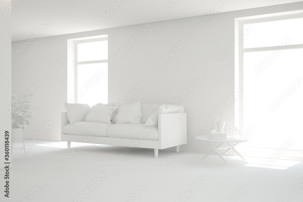 Fototapeta premium White minimalist living room with sofa. Scandinavian interior design. 3D illustration