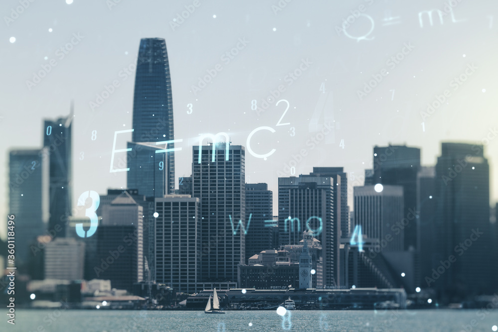 Fototapeta premium Abstract scientific formula hologram on San Francisco skyline background. Multiexposure