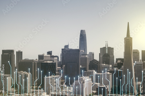 Abstract virtual micro circuit sketch on San Francisco office buildings background  future technology and AI concept. Double exposure