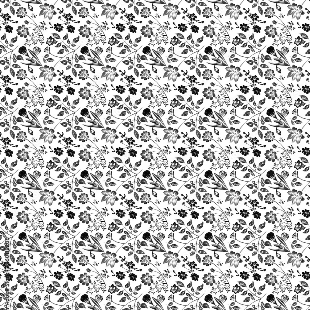 Ink floral seamless pattern. Hand drawn monochrome repeat background for fabric design and fashion decoration.