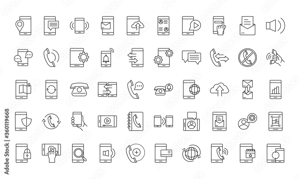 mobile phone or smartphone electronic technology device line style icons set mobile phone or smartphone electronic technology device line style icons set