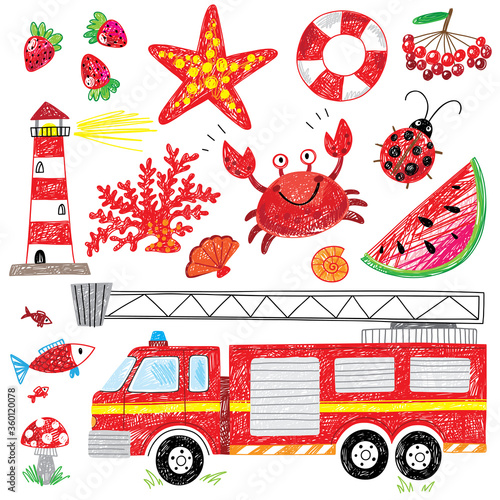 doodle hand drawn kids art red icon children firetruck lighthouse starfish watermelon fish summer