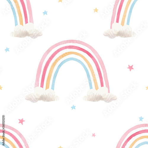 Beautiful vector seamless pattern with watercolor colorful rainbows. Stock illustration.