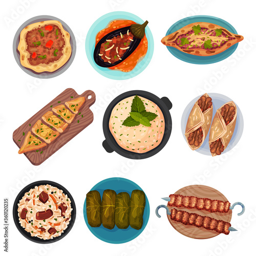 Turkish National Food with Turkish Pie Pide and Dolma Top View Vector Set