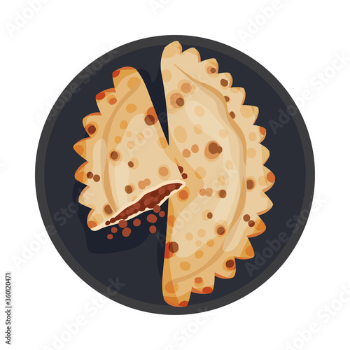 Bread Stuffed with Meat Served on Plate Top View Vector Illustration
