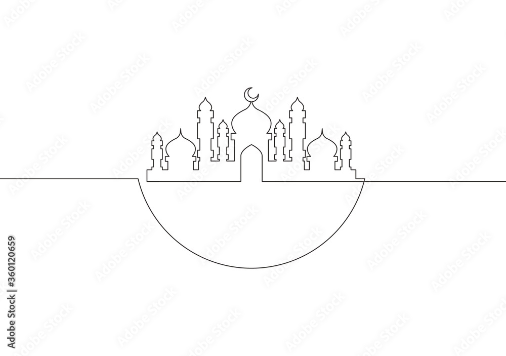 One single line drawing of masjid ornament with half round circle. Muslim holiday, Eid al Fitr and Ramadan Kareem greeting card concept continuous line draw design illustration One single line drawing of masjid ornament with half round circle. Muslim holiday, Eid al Fitr and Ramadan Kareem greeting card concept continuous line draw design illustration