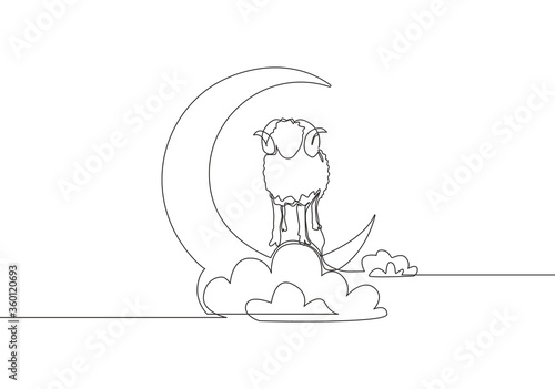 One continuous line drawing of sheep standing on moon at cloudy sky. Muslim holiday the sacrifice an animal to God, Eid ul Adha greeting card concept single line draw design illustration