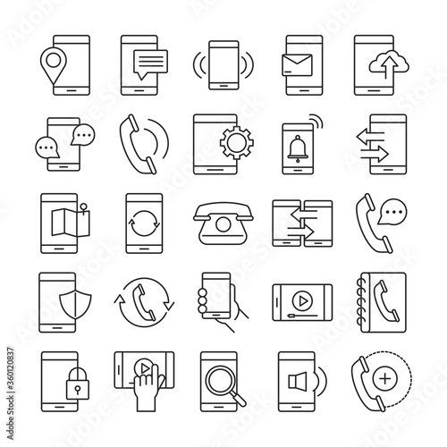 mobile phone or smartphone electronic technology device line style icons set