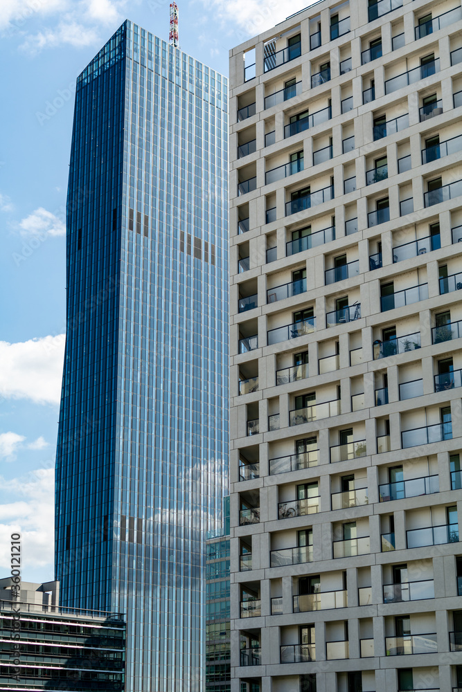 Corporte building Vienna.  The Vienna International Center is a Complex with tall skyscrapers and high rise (corporate and residential) buildings next to the Danube River. 