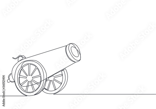 Ramadan Kareem greeting card, banner and poster design. One continuous line drawing of metal cannon ball aimed to the sky ready to shot with white background. Single line draw vector illustration