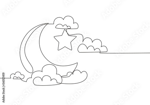 One single line drawing of islamic ornament with moon and star and cloudy sky on white background. Ramadan Kareem greeting card, banner, and poster concept. Continuous line draw vector illustration