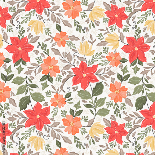 Red Folk Floral Seamless Pattern Design