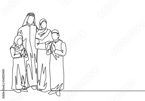 Eid Al Fitr Mubarak greeting card, banner and poster design. One continuous line drawing of muslim Arabian family - Islamic father, mother, daughter and son. Single line draw vector illustration