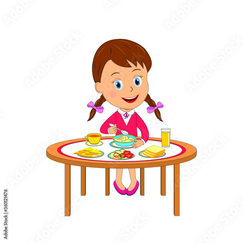 little cartoon girl have breakfast,illustration,vector