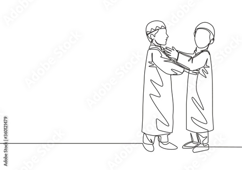 Ramadan Kareem greeting card, banner and poster design background. One continuous line drawing of two young muslim kids hugging to forgive each other. Islamic single line draw vector illustration