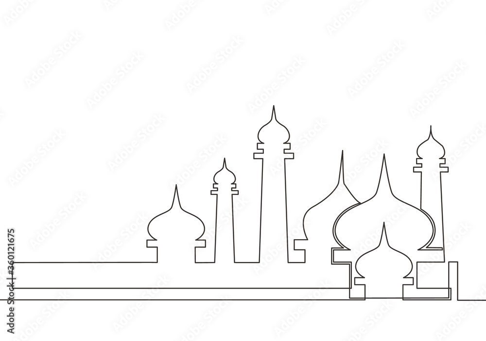 Single continuous line drawing of masjid, masjid dome and masjid tower ornament. Eid Al Fitr Mubarak and Ramadan Kareem greeting card concept one line draw design vector illustration