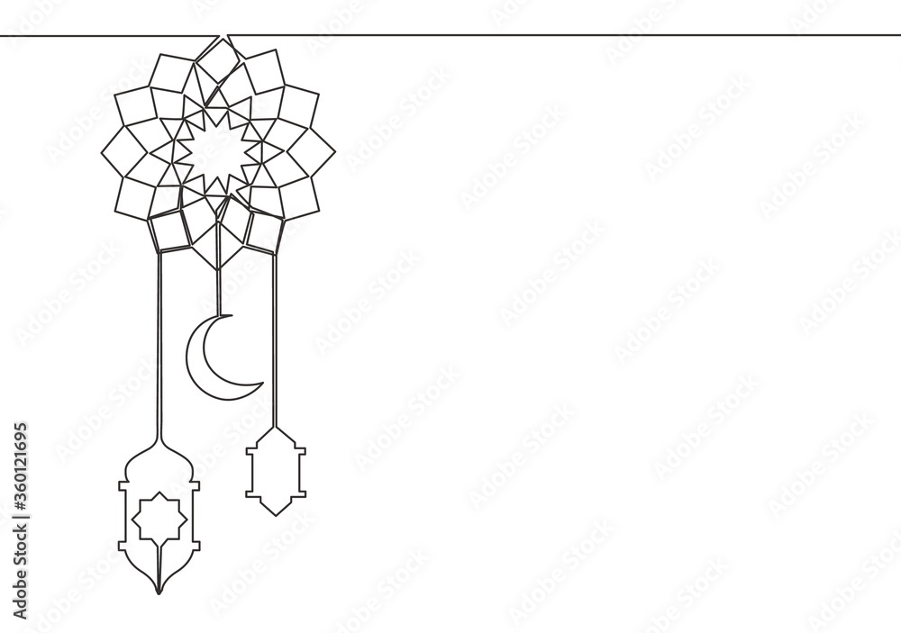 Ramadan Kareem greeting card, poster and banner design background. One single line drawing of muslim Islamic tribal with lantern lamp and moon ornament. Continuous line draw vector illustration