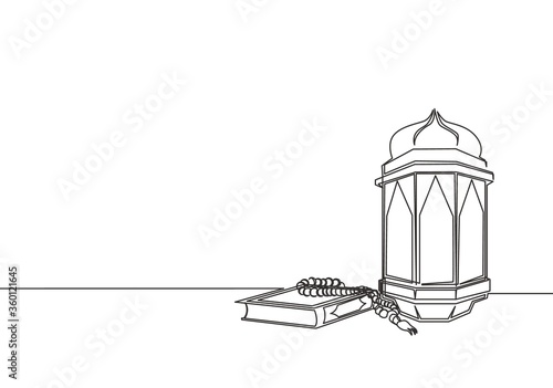 Ramadan Kareem greeting card, poster and banner design. Single continuous line drawing of Islamic ornament quran kitab, tasbih and lantern lamp. Muslim festival one line draw vector illustration