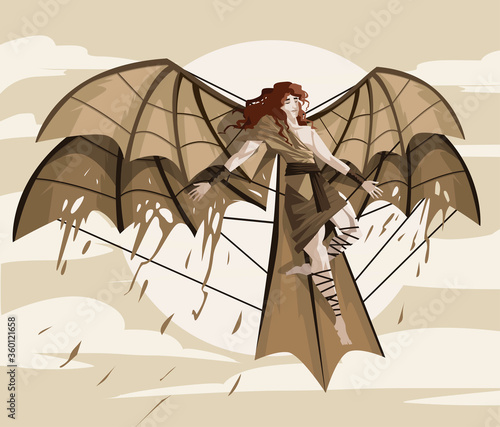 icarus flying near to the sun with artifical ornithopter wings