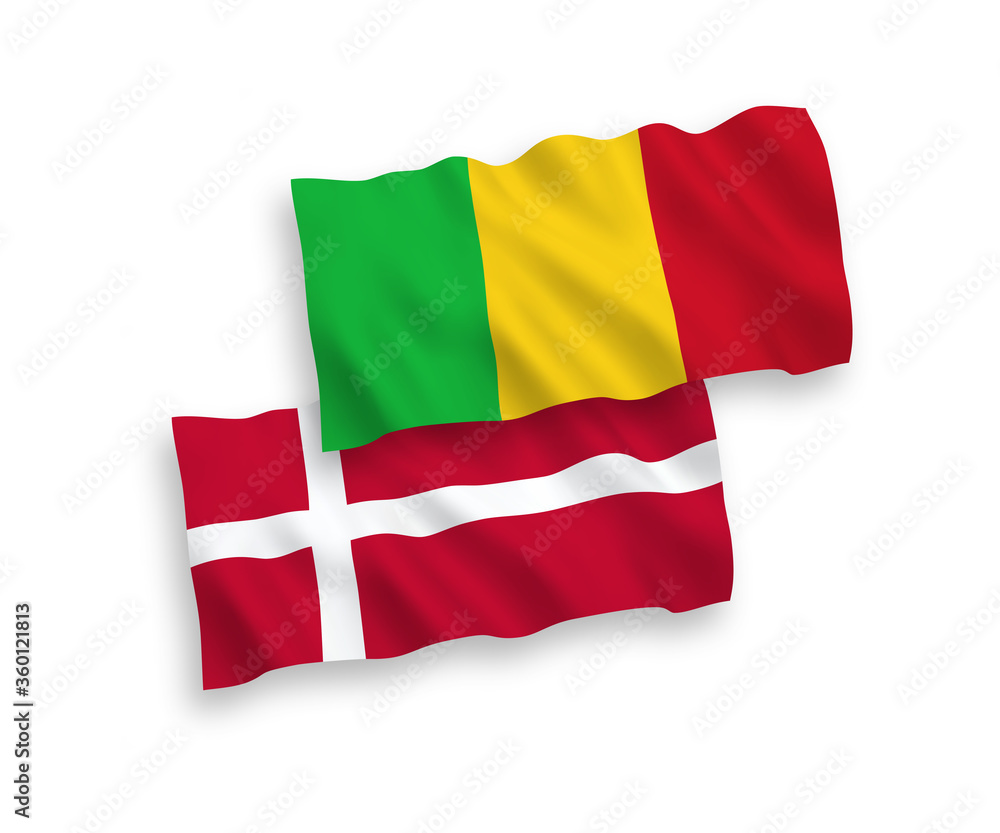 Flags of Denmark and Mali on a white background