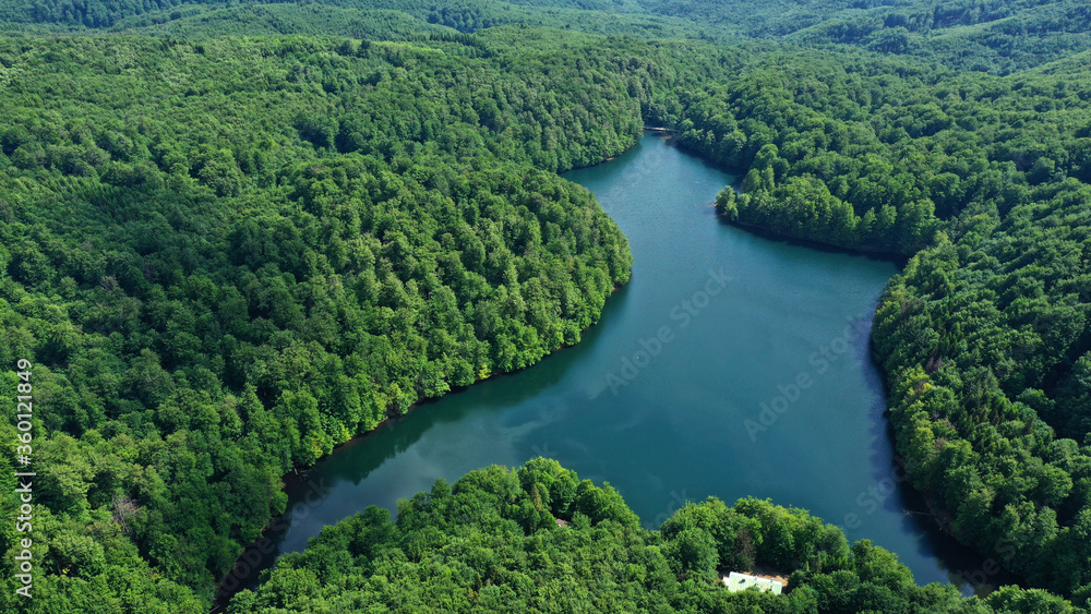 Aerial view of Morske oko lake in Remetske Hamre village in Slovakia Aerial view of Morske oko lake in Remetske Hamre village in Slovakia
