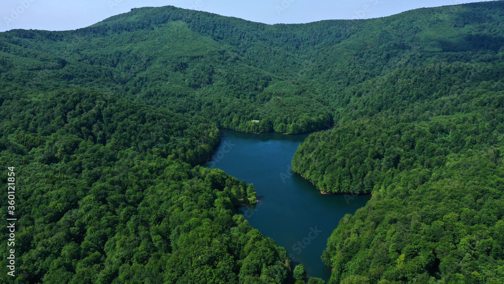 Aerial view of Morske oko lake in Remetske Hamre village in Slovakia