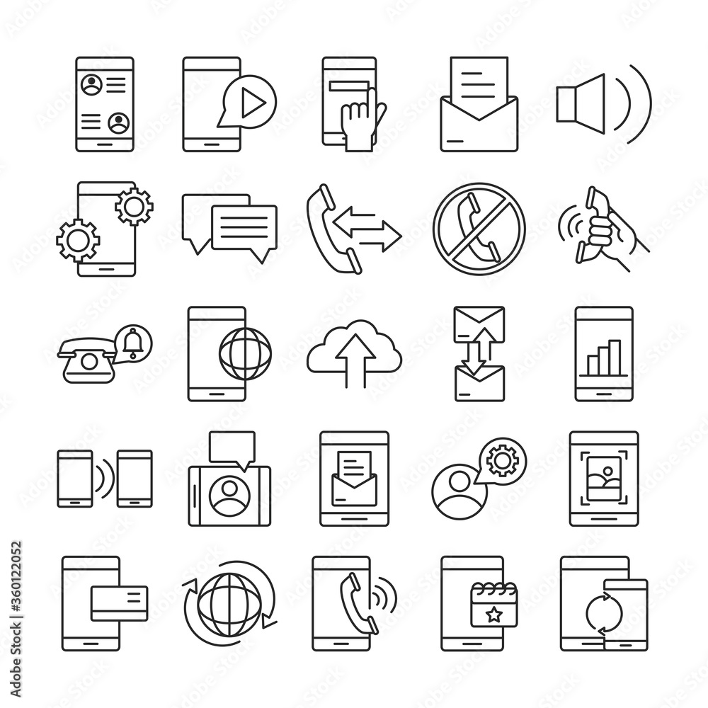 mobile phone or smartphone electronic technology device line style icons set mobile phone or smartphone electronic technology device line style icons set