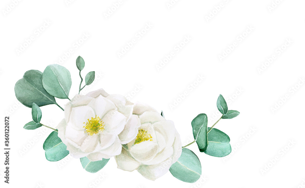 watercolor drawing. frame, vignette eucalyptus leaves and flowers. delicate drawing of white rosehip flowers and eucalyptus leaves isolated on white background. Design for weddings, invitations, cards