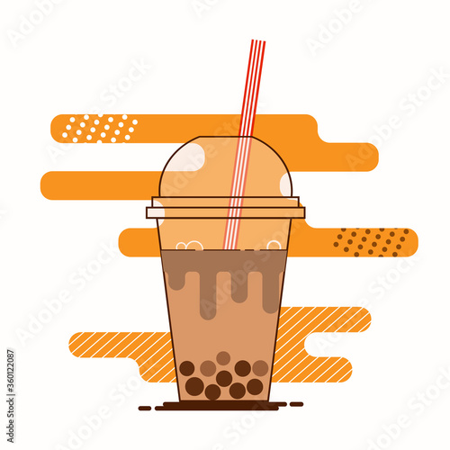 Brown bubble milk tea ads with delicious tapioca black pearls. Cute bubble tea kawaii smiled character. Taiwanese famous and popular drink Boba. Cartoon flat vector icon isolated on white background.