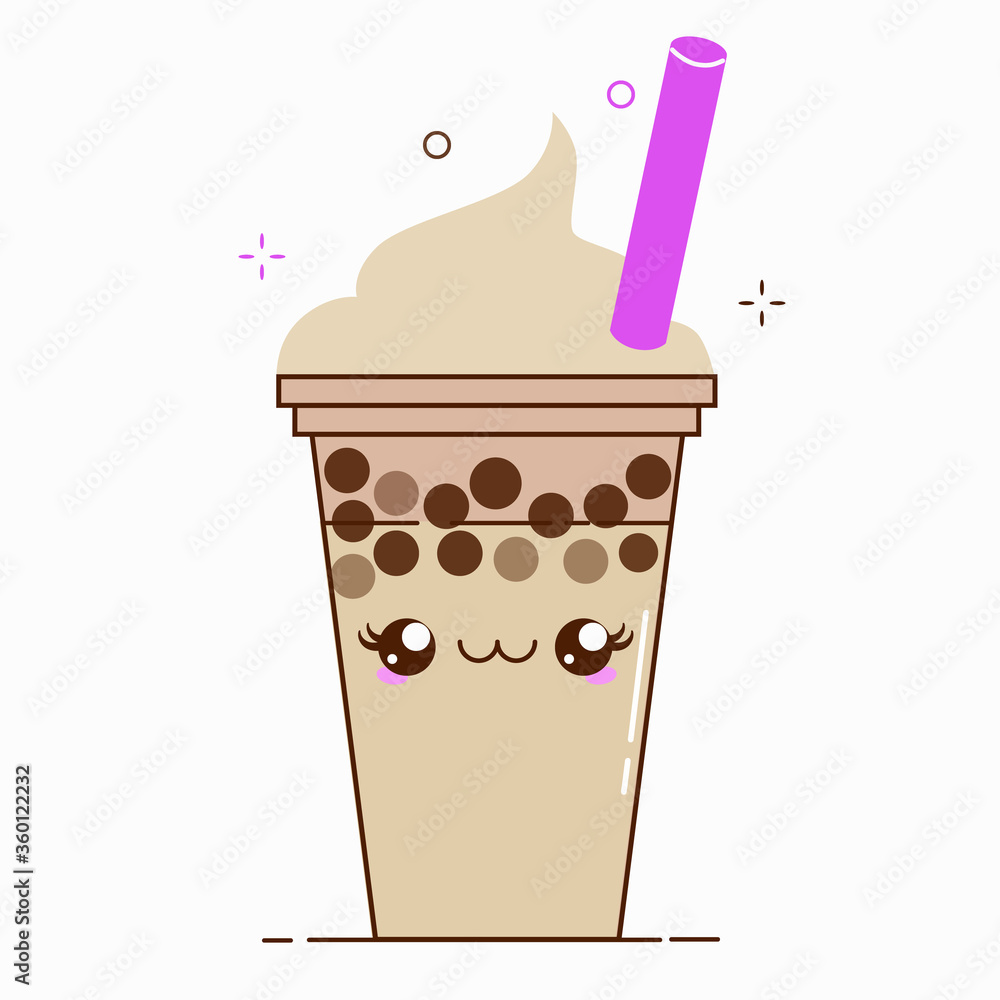 Brown bubble milk tea ads with delicious tapioca black pearls. Cute bubble tea kawaii smiled character. Taiwanese famous and popular drink Boba. Cartoon flat vector icon isolated on white background. Brown bubble milk tea ads with delicious tapioca black pearls. Cute bubble tea kawaii smiled character. Taiwanese famous and popular drink Boba. Cartoon flat vector icon isolated on white background.