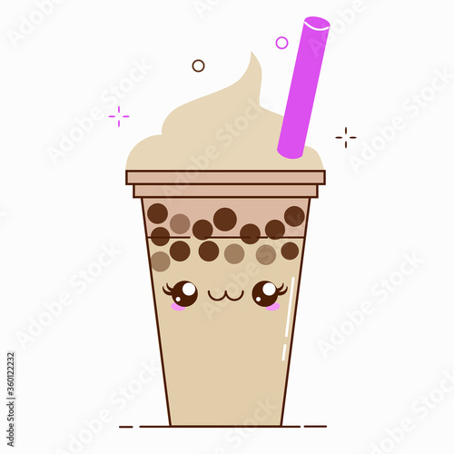 Brown bubble milk tea ads with delicious tapioca black pearls. Cute bubble tea kawaii smiled character. Taiwanese famous and popular drink Boba. Cartoon flat vector icon isolated on white background.