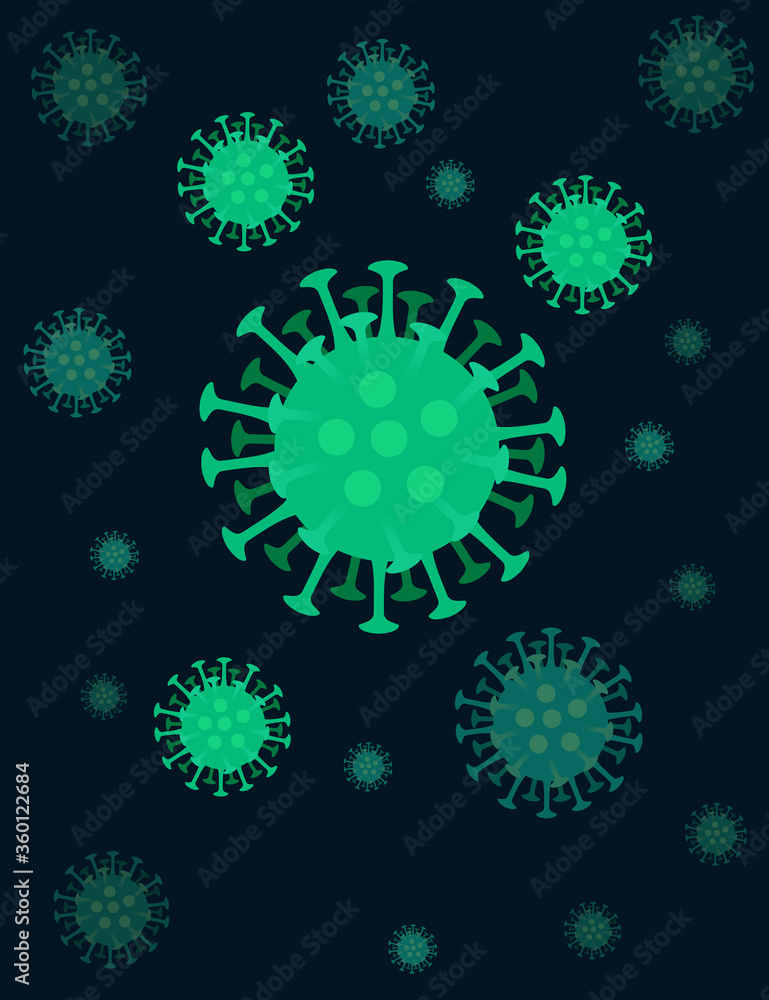 Advertising flyer banner design with green coronavirus flat vector illustration on dark background
