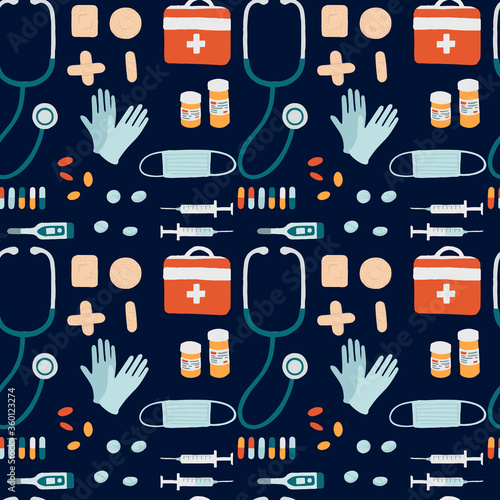 Seamless pattern with simple style medical tools flat vector illustration on dark background