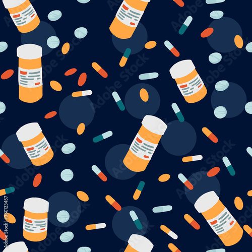 Seamless pattern with pills and bottle pills flat vector illustration on dark background