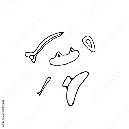 Set of hair accessories. Hairpins and hair clip for women hairstyles. Doodle hand drawn vector illustration