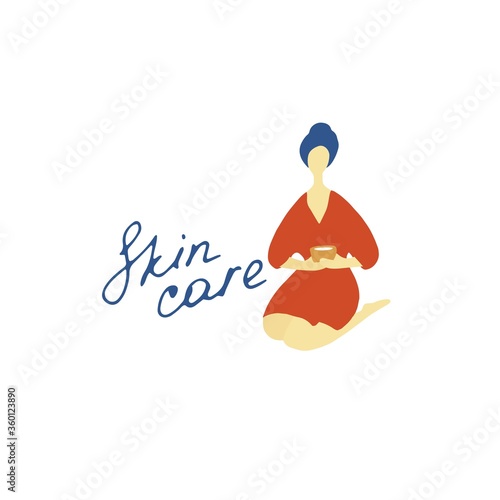 Skin care concept. Young woman in SPA, in bathroom doing cosmetic procedures. Hand drawn flat doodle vector illustration