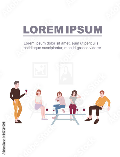 Group of people in casual clothes sitting on soft chairs cafe room with chair table flat vector illustration on white background